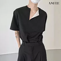 【AMIEE】撞色領口翻折絲滑休閒短袖上衣(男裝/KDTY-C527) L 黑色