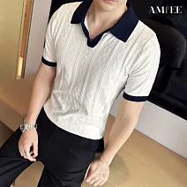 【AMIEE】V領提花紋理修身短袖針織Polo衫(男裝/KDTY-M45) M 白色