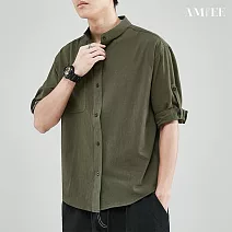 【AMIEE】雅痞潮流休閒短袖襯衫上衣(男裝/KDTY-K42) M 軍綠色