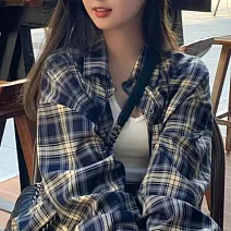 【MsMore】 爆款格子襯衫復古寬鬆長袖上衣# 125636 M 藏青色