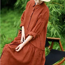 【ACheter】 棉麻長袖大碼寬鬆顯瘦休閒溫柔風減齡洋裝# 125625 M 橘色