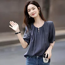 【初色】氣質風寬鬆純色圓領短袖水滴扣襯衫上衣女上衣-共2色-13140(M-2XL可選) M 灰色