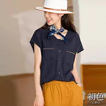 【初色】純色輕薄落肩V領短袖單排釦簡約襯衫上衣女上衣-共3色-12020(M-2XL可選) M 藏青色