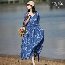 【初色】和服式復古風印花寬鬆V領七分袖中長連衣裙連身洋裝-藍色-13776(M-2XL可選) M 藍色