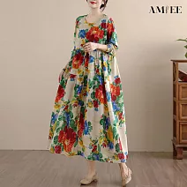 【AMIEE】復古印花大擺寬鬆連衣裙洋裝(KDDY-5088) FREE 米底紅花