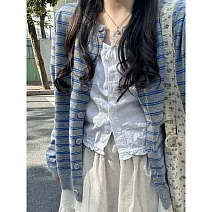 【MsMore】 韓系撞色條紋針織開衫外套# 125878 FREE 藍色