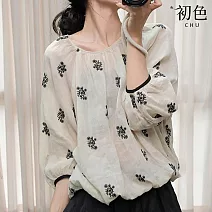 【初色】棉麻風純色圓領刺繡寬鬆七分袖襯衫上衣女上衣-白色-13723(M-2XL可選) M 白色