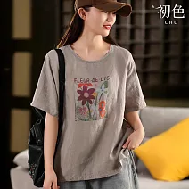 【初色】棉麻風印花圓領短袖寬鬆T恤上衣女上衣-共4色-14790(M-2XL可選) M 灰色