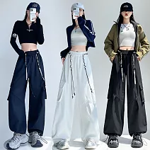 【MsMore】 兩穿工裝褲美式戶外登山顯瘦彎刀休閒配腰繩長褲# 125605 M 黑色