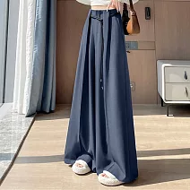 【MsMore】 西裝闊腿褲高腰顯瘦垂感休閒拖地長褲# 125610 M 藏青色