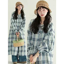 【ACheter】 格子立領襯衫純棉收腰顯瘦喇叭長袖上衣洋裝# 125970 M 藍色