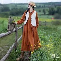 【初色】簡約純色寬鬆翻領排扣長袖A字襯衫裙連衣裙連身洋裝長洋裝-橘色-15051(M-2XL可選) M 橘色