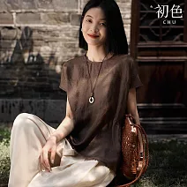 【初色】簡約純色圓領蕾絲邊袖口短袖T恤上衣女上衣-咖啡色-13896(M-XL可選) M 咖啡色