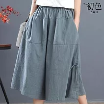【初色】純色鬆緊腰抽繩調節褲長綁帶褲裙闊腿褲休閒褲寬褲短褲寬鬆長褲-共5色-13944(F可選) F 灰色