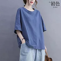 【初色】棉麻風簡約純色圓領落肩五分袖寬鬆T恤上衣女上衣-共11色-13953(M-3XL可選) M 藍色