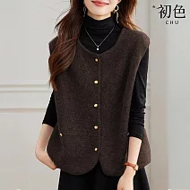 【初色】氣質風寬鬆修身圓領無袖單排扣針織衫馬甲背心女背心-共3色-15364(F可選) F 咖啡色
