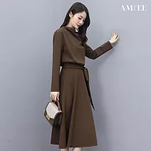 【AMIEE】長袖洋裝中長A字裙(KDSQ-249) L 咖啡色