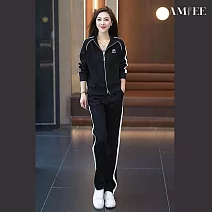 【AMIEE】休閒款衛衣闊腿褲兩件套(KDAQ-960) M 黑色