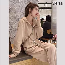 【AMIEE】顯瘦長褲休閒百搭運動套裝(KDAQ-743) 2XL 杏色