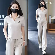 【AMIEE】洋氣減齡百搭顯瘦翻領短袖套裝(KDAQ-976) M 杏色