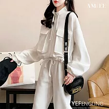 【AMIEE】立領休閒運動薄款衛衣兩件套(KDAQ-527) M 白色