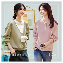 【初色】韓系假兩件氣質減齡長袖大學T衛衣上衣女上衣-12款任選-15482(M-2XL可選) M B.綠色