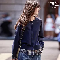 【初色】休閒風圓領長袖單排扣格紋拼接假兩件上衣女上衣-藏青色-15496(M-2XL可選) 2XL 藏青色