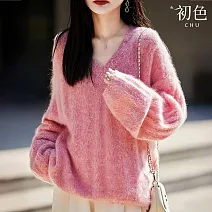 【初色】簡約純色寬鬆絨毛感V領長袖毛衣針織衫上衣女上衣-共4色-15607(F可選) F 粉色