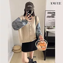 【AMIEE】牛仔袖針織毛衣外套(KDCQ-260) FREE 米白色
