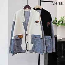 【AMIEE】拼接牛仔針織毛衣外套(KDCQ-242) FREE 米白色