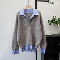 【AMIEE】設計感寬鬆顯瘦毛衣(KDTQ- 495) FREE 卡其色