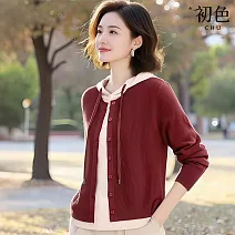 【初色】撞色拼接假兩件抽繩連帽長袖寬鬆衛衣T恤針織衫上衣女上衣-共5色-15739(F可選) F 紅色