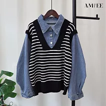 【AMIEE】撞色條紋拼接牛仔毛衣(KDTQ-512) FREE 黑色