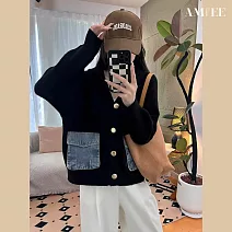 【AMIEE】連帽拼接寬鬆休閒毛衣外套(KDTQ-002) FREE 黑色