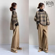 【初色】高領格紋長袖燈籠袖毛衣上衣女上衣+純色直筒褲休閒褲寬褲長褲套裝-卡其色-15981(M/L可選) M 卡其色