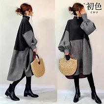 【初色】日系高領長袖撞色拼接不規則中長裙連身裙-灰色-15982(M/L可選) M 灰色