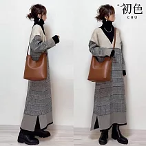 【初色】日系高領拼接針織中長連衣裙連身洋裝-灰色-39958(M/L可選) L 灰色