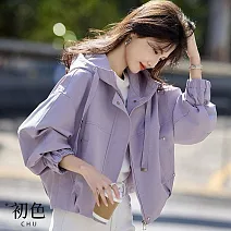 【初色】韓系通勤風休閒寬鬆短版抽繩連帽束口長袖夾克外套女外套-共3色-16056(M-2XL可選) M 紫色