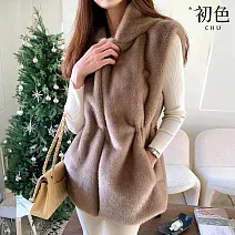 【初色】韓系純色無袖雙口袋加厚毛毛連帽馬甲背心女背心-共2色-16104(F可選) F 摩卡色