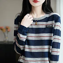 【MsMore】 條紋長袖寬鬆撞色竹節麻毛衣針織上衣# 126357 FREE 彩色