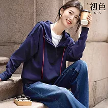 【初色】運動休閒風純色半拉鍊長袖連帽抽繩設計感上衣女上衣-共2色-16309(M-2XL可選) M 藏藍色