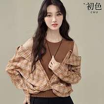 【初色】假兩件格紋圓領長袖露肩襯衫上衣女上衣-卡其色-16233(M-XL可選) XL 卡其色