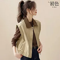 【初色】休閒復古撞色拼接燈芯絨寬鬆翻領無袖馬甲外套背心女背心-卡其色-16398(M-3XL可選) M 卡其色