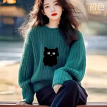 【初色】慵懶風圓領長袖黑貓刺繡印花寬鬆針織衫上衣女上衣-綠色-16200(F可選) F 綠色