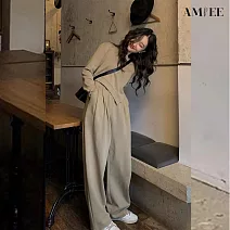 【AMIEE】韓版洋氣修身百搭休閒套裝(KDAQ-916) M 卡其