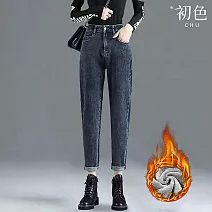【初色】高腰顯瘦九分直筒加絨加厚保暖哈倫褲休閒褲長褲牛仔褲-共5色-39325(M-2XL可選) L 藍灰色