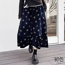 【初色】休閒寬鬆復古燈芯絨圓點圖樣褶皺鬆緊腰半身裙中長裙長裙-共2色-16422(F可選) FREE 藍色