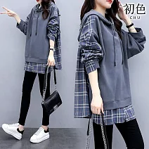 【初色】韓版拼接格紋假兩件寬鬆大碼抽繩連帽T恤上衣女上衣-藏青色-39724(M-3XL可選) M 藏青色