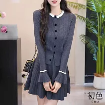 【初色】法式小香風簡約圓領排扣長袖針織衫毛衣+鬆緊腰半身裙短裙套裝-藍灰色-16639(F可選) F 藍灰色