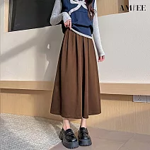 【AMIEE】純色毛呢半身百摺A字高腰女長裙(KDSQ-5575) M 咖啡